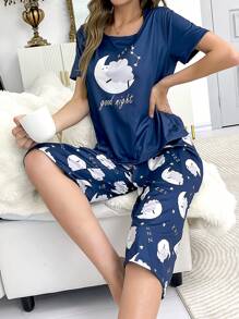 星星和月亮印花套头短袖和 3/4 裤两件套睡衣套装 - 彩色 - 查看 4