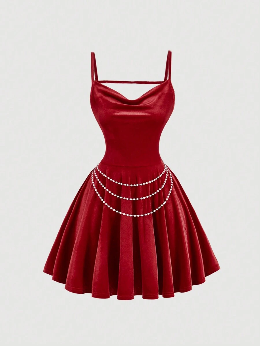 SHEIN MOD 红色荷叶边领天鹅绒连衣裙、秋季婚礼宾客礼服、返校节礼服、女士早午餐礼服 - 紅色 - 查看 1