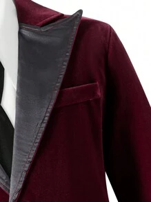 SHEIN 2 件套青少年男孩绅士西装，长袖夹克，翻领和色块，裤子，优雅正式礼服，适合生日派对、婚礼、毕业典礼、圣诞节、万圣节 - 酒紅色 - 查看 5
