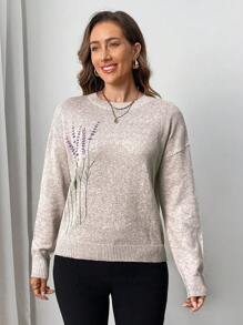 Miaspire 女士花卉印花长袖圆领毛衣、长袖上衣、秋冬针织毛衣 - 卡其色 - 查看 5