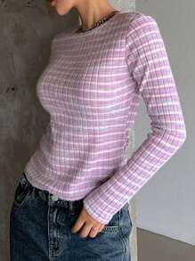 DAZY Women's Round Neck Long Sleeve Minimalist T-Shirt, Casual Everyday Wear,Back To School Clothes - Pink - View 1