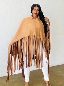 Slaydiva Lângă, solid, cu gât înalt, raglan, evazat, manșetă, tiv cu franjuri, țesătură de căprioară, mai mari, pulover lung, pentru femei, festival elegant și casual și de muzică, primăvară, toamnă - Kaki - Vizualizare 4