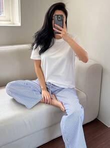 DAZY 简约 T 恤和条纹裤睡衣两件套休闲套装