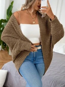 Calvaya Plus Size Solid Color Batwing Sleeve Cardigan, For Autumn And Winter - Khaki - View 4