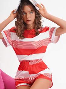 Conjunto de ropa de dormir informal para mujer, de colores y rayas con contraste de color