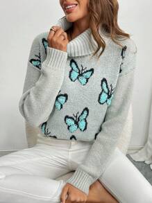 Chiquease Casual Butterfly Pattern Turtleneck Sweater, Autumn/Winter