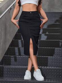 SHEIN Privé 女式中长休闲牛仔 A 字裙，带口袋和开衩