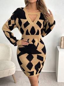 SHEIN LUNE Crew Neck Long Sleeve Hollow Out Simple Casual Mini Dress
