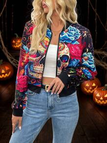 EMERY ROSE Digital Skull Print Women Halloween Jacket - Multicolor - View 4