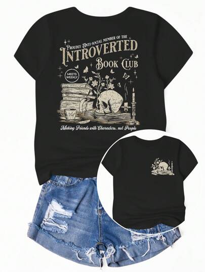 SHEIN Unity 女士复古骷髅书图案数码印花舒适休闲 T 恤图案 T 恤女式上衣