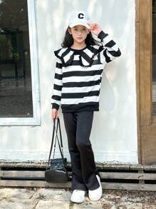 SHEIN 2pcs Tween Girl Turndown Collar Striped Knit Sweater Top And Flare Pants Set - Black and White - View 4