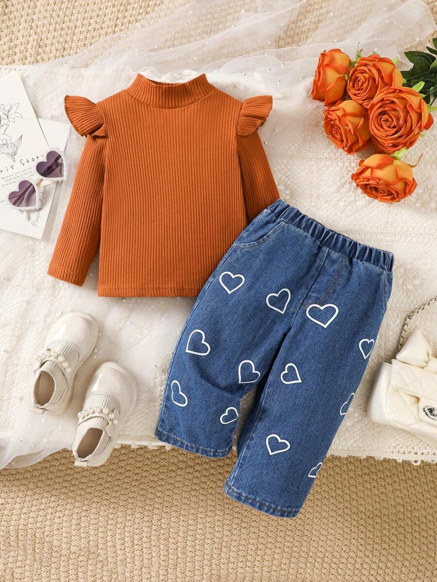 2 pièces Ensemble chemisier à manches longues avec col volant et pantalon de couleur unie pour filles