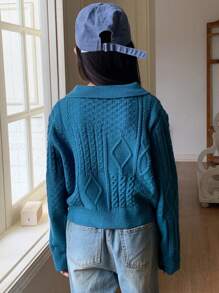 DAZY Tween 女童休闲纯色前拉链开衫，秋冬装，返校服 - 藍色 - 查看 6