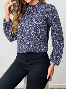 EMERY ROSE Women's Frill Trim Allover Floral Print Long Sleeve Casual Shirt - Multicolor - View 4