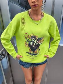 Rafael Machado Maglione in maglia con stampa di lettere di angelo stile Y2K, stile vintage, adatto per vacanze, festival, Ibiza - Verde - Visualizzare 5