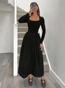 Siren Gaze 女士羊毛衬里保暖长裙，黑色，长袖，口袋，秋季时尚，黑色长袖连衣裙，秋季女装，仙女裙，女士服装，加垫连衣裙，秋季女装 - 黑色 - 查看 3