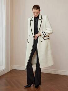 MOTF PREMIUM WOOL CONTRAST PIPING PEAK COLLAR FLAP DETAIL PEA OVERCOAT - Beige - View 8