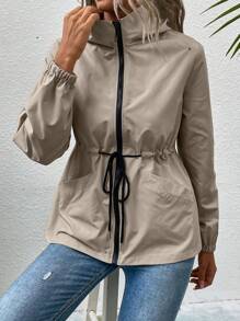 Chiquease Jaqueta feminina primavera e outono cor sólida manga comprida cordão cintura casual solta com capuz outono