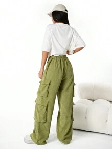 SHEIN Teen Girl Casual Pleated Accordion Pocket Pants, Spring And Autumn, Elastic Waist Straight Leg Baggy Pants - Green - View 2