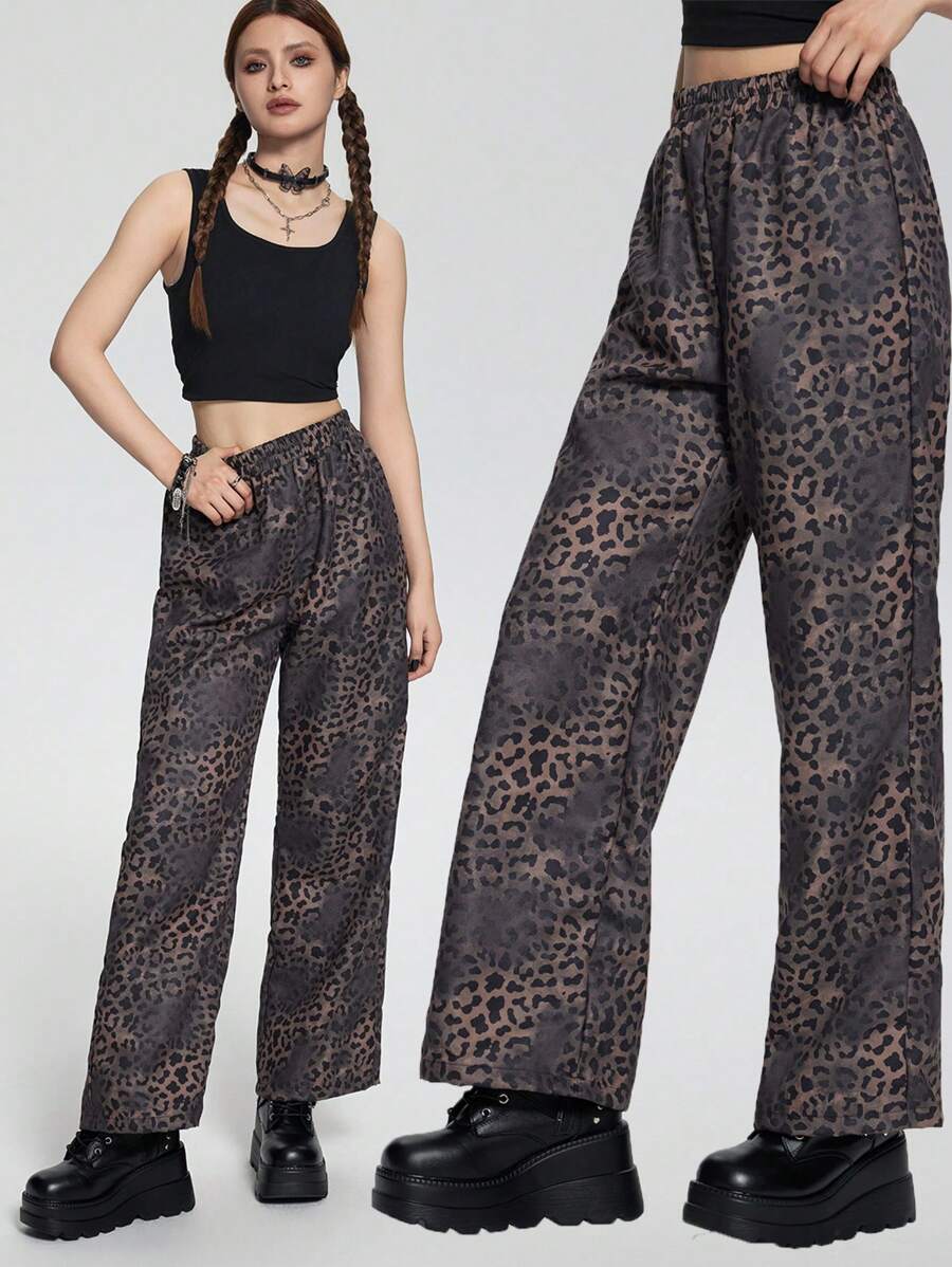 SHEIN Explorewe 青少年女孩休闲时尚厚豹纹街头潮流裤子 - 彩色 - 查看 1