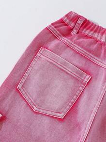 Tween Girl Y2K Style Vintage Distressed Multi-Pocket Cargo Washed Pink Denim Jeans - Pink - View 5