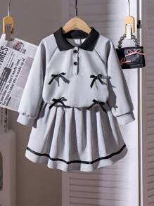 2pcs/Set Young Girl Collared Long Sleeve Bow Cuff Sweatshirt And Skirt Outfit, Black & Gray, High-End Sleeve Top, Children Autumn Clothing Set