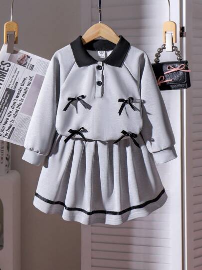 2pcs/Set Young Girl Collared Long Sleeve Bow Cuff Sweatshirt And Skirt Outfit, Black & Gray, High-End Sleeve Top, Children Autumn Clothing Set