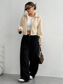 SHEIN Unity Women's Casual Solid Color Fleece Cropped Jacket, Autumn & Winter - Khaki - View 3