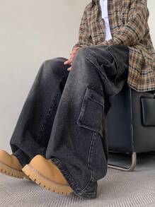 Claim Dot 男士宽松多口袋休闲工装裤，纯色长款宽松深灰色水洗牛仔裤，适合送给丈夫、男朋友的礼物，emo 风格