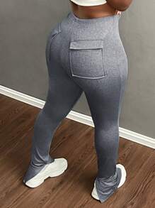 Slaydiva 女士休闲街头风灰色九分裤，后袋开衩裤脚，修身剪裁 - 灰色 - 查看 1