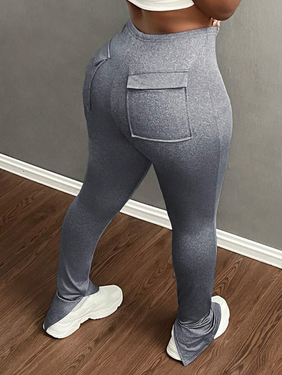 Slaydiva 女士休闲街头风灰色九分裤，后袋开衩裤脚，修身剪裁 - 灰色 - 查看 1