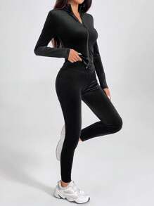 SHEIN PETITE Black Two Pieces Velvet Tracksuit Zip Up And Leggings - Black - View 5