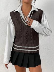 SHEIN Unity Women's Colorblock Striped Sweater Vest, Spring & Autumn - Bronze - View 3