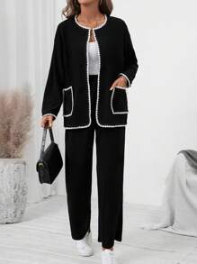 SHEIN LUNE 2pcs Warm Fleece Jacket & Pants Set, Casual Color-Block With Trim Closure - Black - View 3