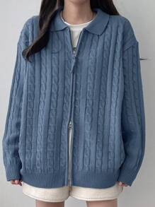 DAZY Women's Loose Fit Turndown Collar Cable Cable Zip-Up Cardigan
