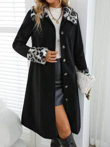 EMERY ROSE Damen Leopardenmuster Fluffy Patchwork Lange Ärmel Lange Wolljacke, Herbst Winter