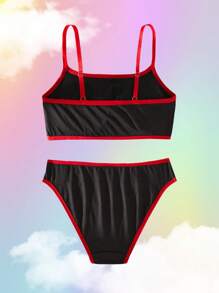 SHEIN X Care Bears Women's Contrast Trim Bear Pattern Wireless Bra And Brief Set - Black - View 2