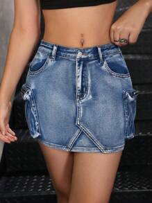 SHEIN Stylish Blue Denim Elastic Mini Skirt For Teen Girls