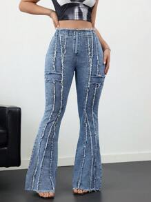 SHEIN Tall Women's Sexy Skinny Flare Leg Stretch Denim Jeans, Blue - Light Wash - View 5