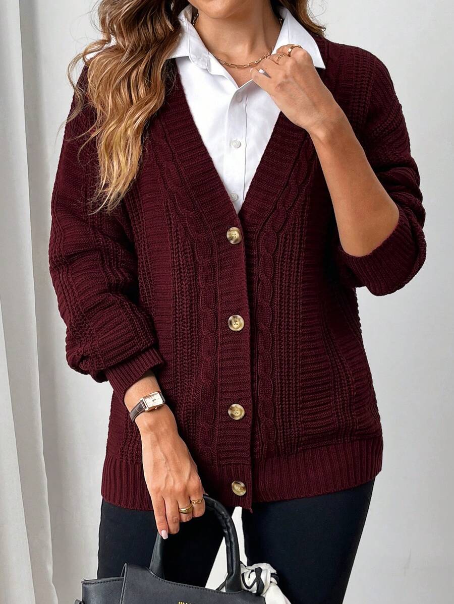 EMERY ROSE Women's Textured Long Sleeve V-Neck Cardigan Sweater - Burgundy - View 1