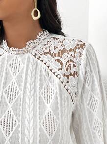 SHEIN Frenchy Áo thun ren dài tay thanh lịch màu trơn cỡ lớn cho nữ, mùa xuân/thu - trắng - Xem 4