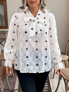 Celure Plus Size Ladies' Elegant Polka Dot Bow Tie Blouse, Spring & Summer - White - View 6