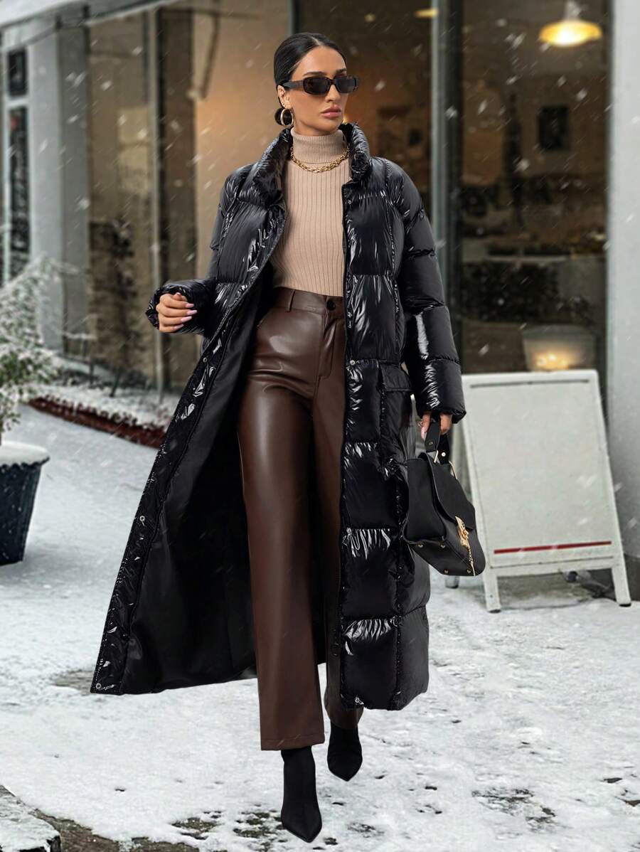 RueChic OVERSIZED SQUARE QUILT DETAIL MAXI PUFFER JACKET - Black - View 1