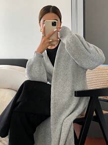 Siren Gaze Solid Grå Drop Shoulder Långärmad Lös Lång Casual Varm Lång Cardigan Tröja För Höst Och Vinter,Grå Casual Outfit,Business Casual Kvinnor,Vinterkläder,Vinter Kvinnor Tröja ,Höst Kvinnor Outfits,Dam Tröjor,Hemkomst,Lång cardigan Tröja,Solid Open Löst stickad kofta fram, Casual långärmad lång tröja, dam Kläder, långärmade toppar - Grå - Visa 4