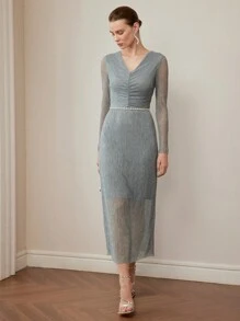 MOTF PREMIUM V-NECK RUCHED FRONT PLISSE DRESS WITHOUT CHAIN BELT