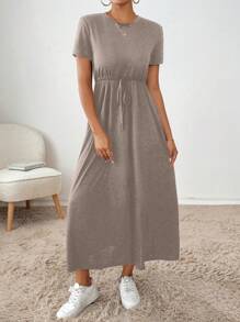SHEIN Essnce Women's Summer Casual Solid Color Drawstring Waist Dress,Summer Dresses For Women - Mocha Brown - View 4