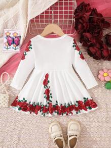 Baby Girl Rose Pattern Casual Dress, Spring & Autumn - Red - View 2