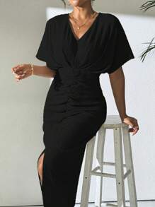 SHEIN Clasi 女士优雅纯色蝙蝠袖开衩连衣裙，夏季长款女装 - 黑色 - 查看 6