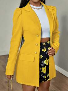 SHEIN Unity Saco de traje de mujer de unicolor y falda impresa, conjunto de atuendo diario simple - Amarillo - Ver 5