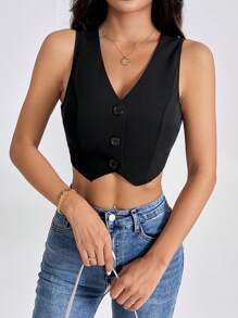 SHEIN PETITE Summer Black Crop Top , Solid Button Front Crop Waistcoat In Fall/Winter - Black - View 4